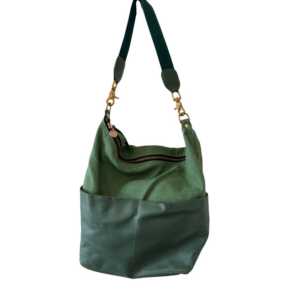Clare V Le Zip Sac Slouchy Tote Bag Leather & Cotton Green